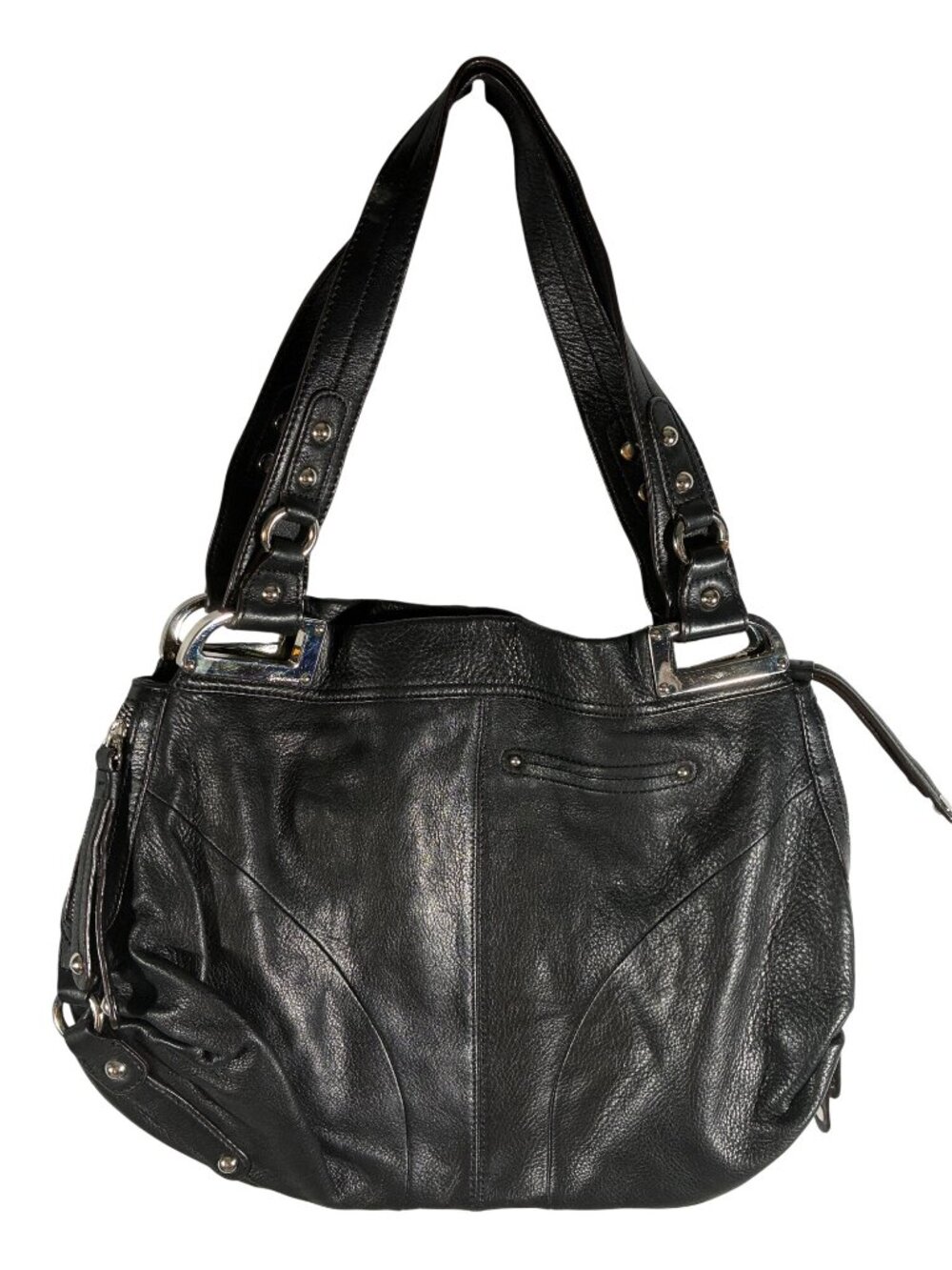 B. Makowsky Black Genuine Leather Shoulder Bag With Leopard Print Lining And Sil - Picture 5 of 13